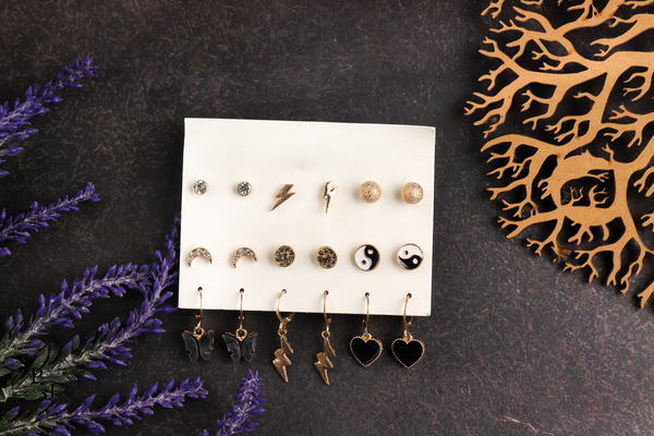 Striking and Lightening Pack of 9 Earrings - Gold Platted