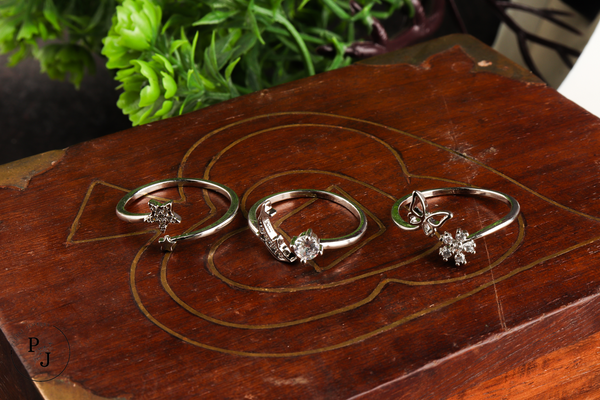 Exquisite Pack of 3 Adjustable Rings - Butterfly, Dolphin, Star - Silver Platted