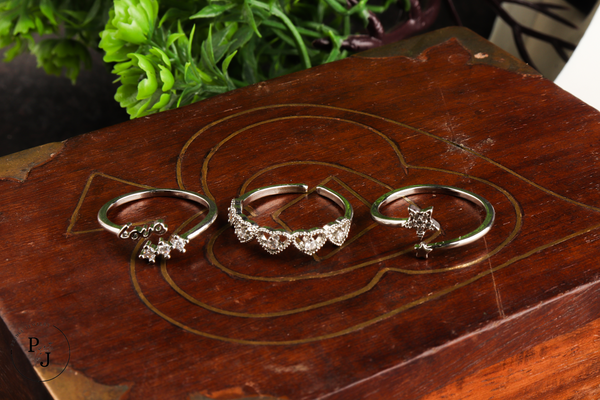 Exquisite Pack of 3 Adjustable Rings - Love, Hearts, Star - Silver Platted