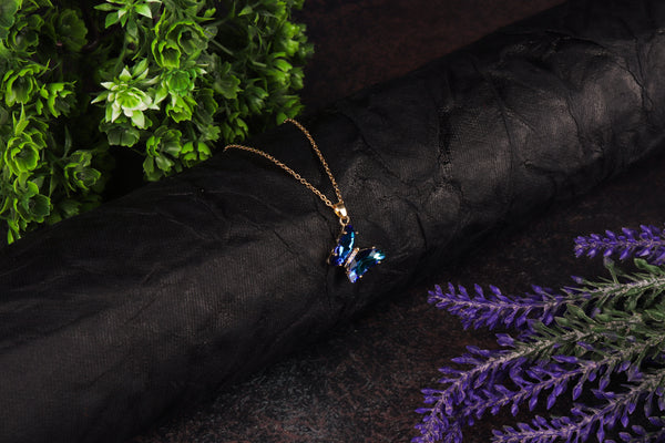 Holographic Midnight Blue Sideways Crystal Butterfly Necklace